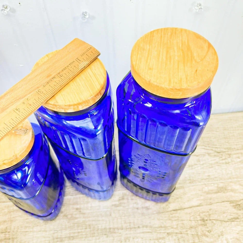 Vintage Cobalt Blue Canister Set of 3: Blue Glass Jars‎ with Wood Lids